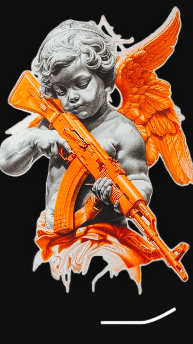 Grey cherub artwork with vivid orange wings and graphic details